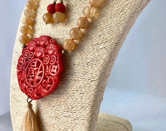 Refined necklace with matching earrings of 12mm tourmaline beads with red Chinese lucky charm medallion - Gift for Her