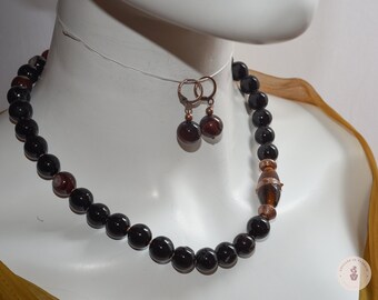 Brown Agate Round Bead Necklace with Vintage Murano Glass Beads and Matching Earrings - Gift for Her