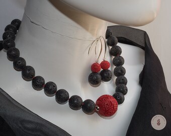 Asian Inspiration for this Necklace in large lava stone beads and a Chinese red lacquer bead - Gift for Her