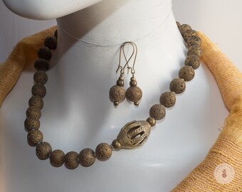 Original Golden Lava Stone Necklace with Bronze African Pearl and Matching Earrings - Gift for Her