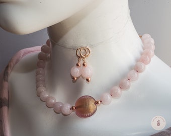 Elegant Rose Quartz Necklace with Matching Earrings with a Gold Leaf Antique Pink Murano Glass Bead - Gift for Her