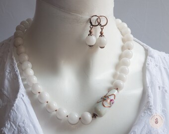 Elegant Vintage 12mm White Jade Necklace with a Murano Glass Drop “Flower” Bead - Gift for Her