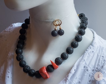 Original necklace of large black lava stone beads with bamboo coral inserts - Gift for Her
