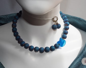 Original necklace with matching earrings in blue dyed lava stone with matching glass pearl - Gift for Her