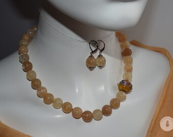 Refined necklace with matching earrings of 12mm yellow tourmaline with a “flowered” pearl in Murano glass - Gift for Her