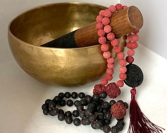 Long ethnic Mala-style necklace of 108 lava stone beads with Rudraksha and Guru seeds in black cinnabar with tassel-Gift for Her