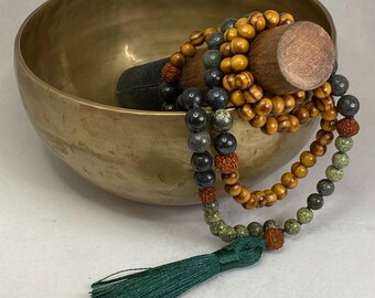 Unisex Mala Rosary Necklace with 108 Dark Green and Light Green Serpentine Beads and Tassel - For Him or Her