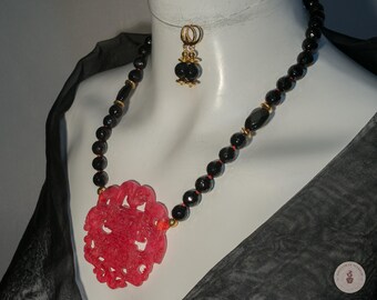 Elegant 10mm Black Agate Stone Matching Earrings Necklace with Red Chinese Lucky Medallion - Gift for Her