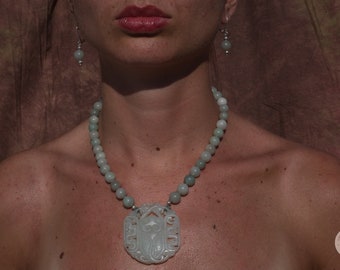 Burmese green jade short necklace with Chinese lucky charm medallion and matching earrings - Gift for Her