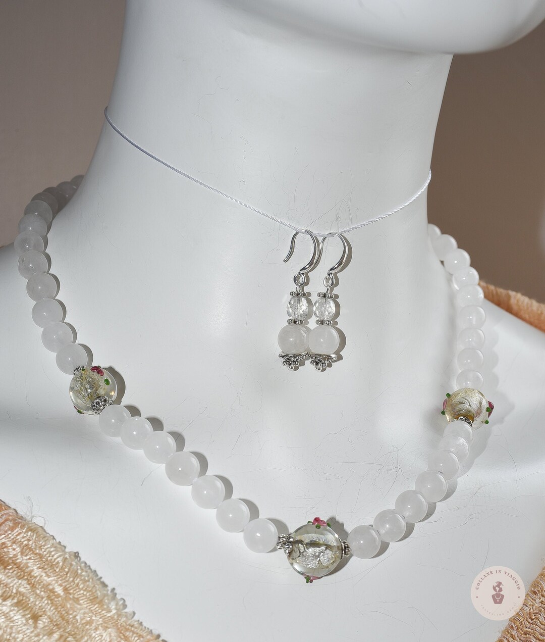 8mm Round White Jade Bead Necklace With Vintage Murano Glass Etsy