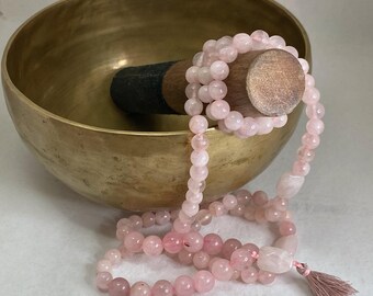 108-Bead Rose Quartz Mala Necklace with Tassel - Gift for Her