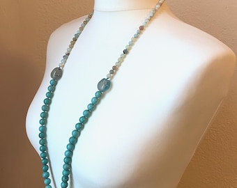 108-bead Mala-style necklace of faceted amazonite and howlite beads with turquoise tassel - Gift for Her