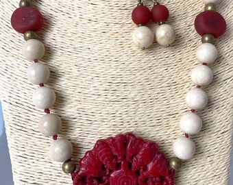 Elegant Necklace with Matching Earrings in Fossil Stone and Murano Beads with Chinese Lucky Medallion - Gift for Her