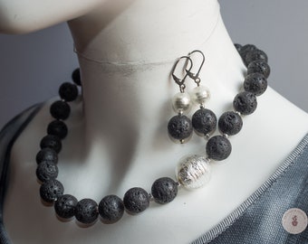Elegant black lava stone necklace with a vintage Murano glass silver leaf bead and matching earrings -Gift for Her