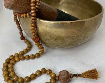 Unisex Mala Rosary Necklace with 108 Petrified Wood Beads and Wooden Washers and Tassel - For Him or Her