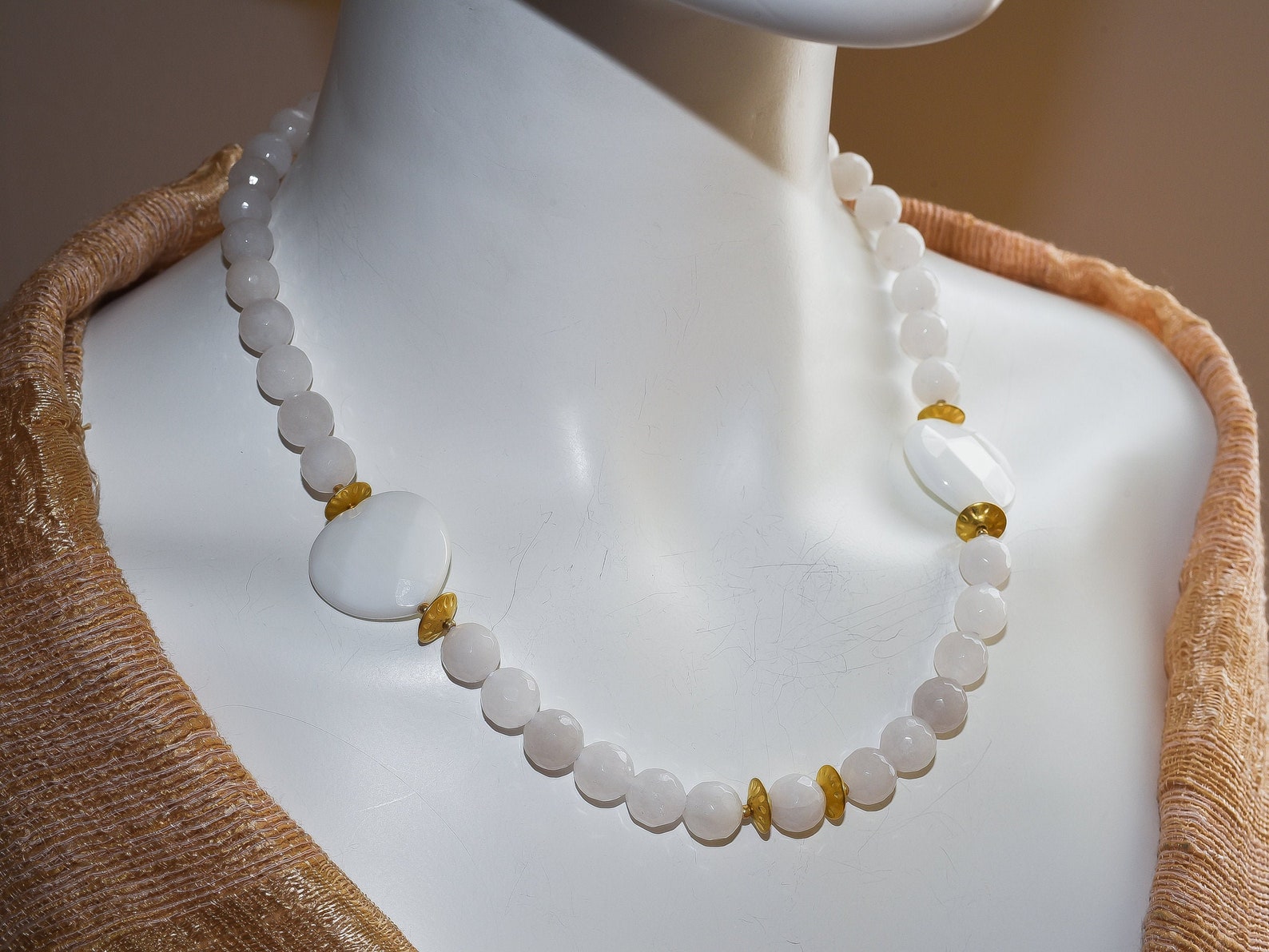 Elegant White Jade Faceted Pearl Necklace With Two Large White Etsy