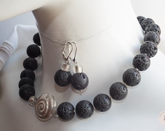 Original large lava stone bead necklace with a satin-finished steel stud and matching earrings - Gift for Her