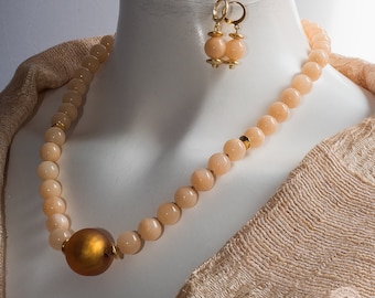 Delicate Peach Jade Necklace with Matching Earrings with a Large Gold Leaf Murano Glass Bead - Gift for Her
