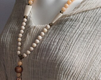 54-grain peach jade and fossil stone Mala-style necklace with matching earrings - Gift for Her