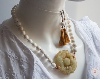 Natural Magnesite Necklace with Chinese Lucky Medallion and Matching Earrings - Gift for Her