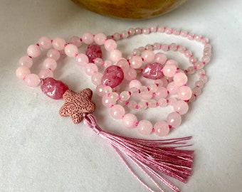 Long Mala-style necklace of 108 aventurine and rose quartz beads with lava stone star and matching tassel- Gift for Her