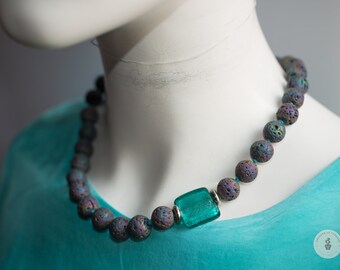 Original Multicolor Lava Stone Necklace with Turquoise Murano Pearl Silver Leaf - Gift for Her
