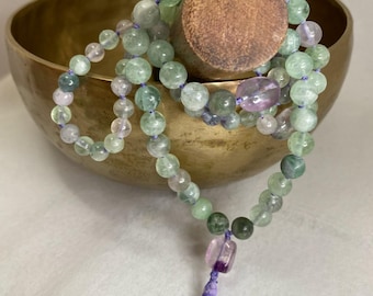 Long Mala Necklace with 108 Fluorite Beads and Tassel - Gift for Her