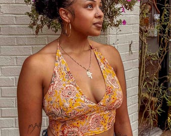Organic Cotton Block Print Bralette, Boho Free Spirit Halter Top, Beachy Tie Bow Back Floral Bra Crop Top