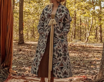 Hippie Bohemian Men’s Women’s Long Trench Coat, Psychedelic Woven Jacket, Long Warm Kimono Jacket, Unisex Tribal Jacket Duster
