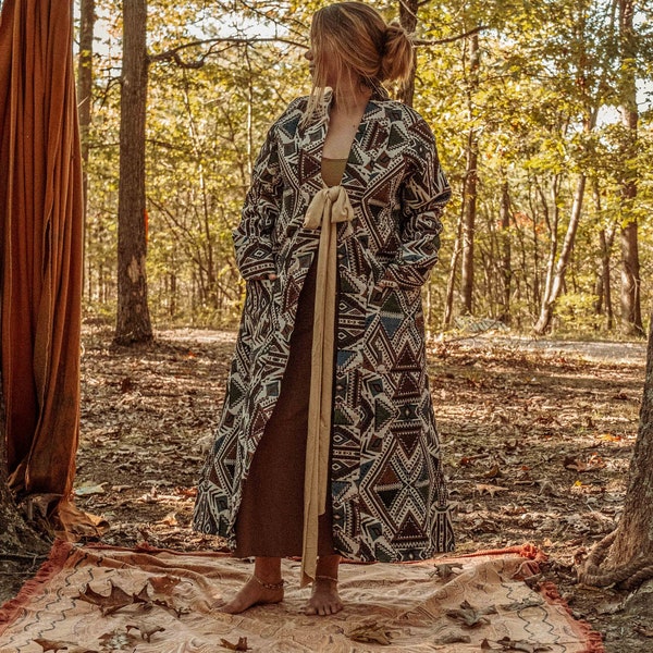 Hippie Bohemian Men’s Women’s Long Trench Coat, Psychedelic Woven Jacket, Long Warm Kimono Jacket, Unisex Tribal Jacket Duster
