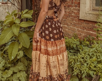 Bohemian Desert Solstice Tiered Soft Maxi Skirt, Hippie Boho Style Sun Moon Skirt, Earthy Neutral Natural Vibe Dress