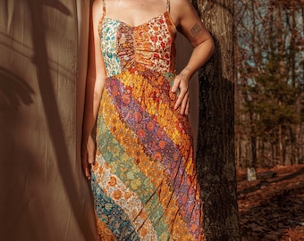 Bohemian Patchwork Rainbow Silk Dress, Gorgeous Hippie Boho Maxi Dress, Colorful Dress, PLUS size available