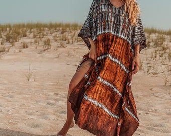Hippie Bohemian Hand Tie Dyed Kaftan, Boho Style Muu, Beachy Coverup Beach Dress, Flowy Outfit Plus Size Festival Concert Outfit