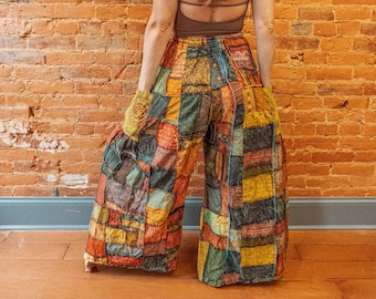 Hippie Boho Patchwork Wide-Leg Pants, Flare Trousers, Grunge Hippie Aesthetic, plus size hippie pants, patchwork bell bottom pants, hippie