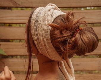 Écharpe bohème hippie en maille de coton recyclé, châle d'effroi, haut foulard, long haut cache-cœur bandeau, coiffure naturelle