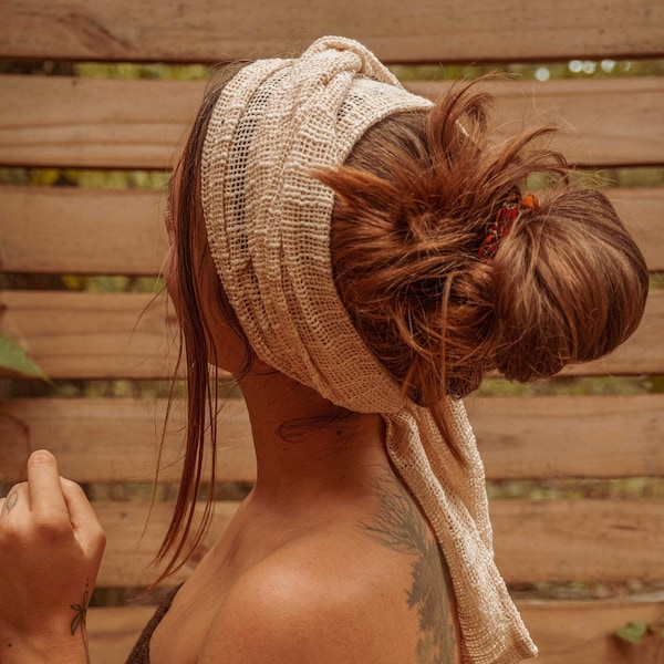 Boho Hippie Haar Wrap aus recycelter Baumwolle Netz, Dread Wrap, Haar Schal Top, langes Bandeau Wrap Top, erdige Frisur