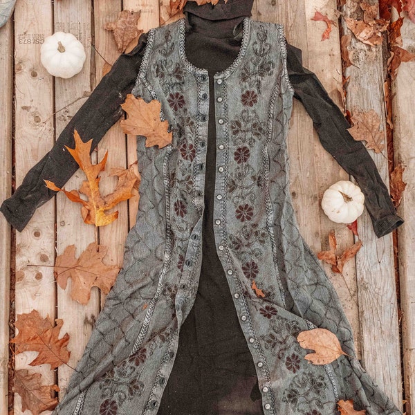 Boho Cottage Core Button-Down-Kleid Duster, bestickter Cardigan im Hippie-Stil, ärmelloses Kleid für Layering, Herbstoutfit, Thanksgiving