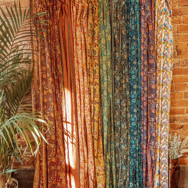 Hippie Boho SILK Curtain Panels, Rainbow Floral Bohemian Room Canopy Decor, Psychedelic 70s Aesthetic Dorm Decor, Wall Hanging, Home Gift