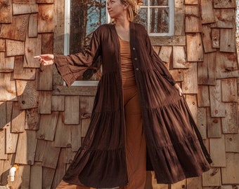 Chaqueta tipo cárdigan/kimono estilo bohemio bohemio hippie de algodón orgánico, estilo bruja, chaqueta larga tipo kimono con botones y mangas largas, vestido largo cruzado orgánico