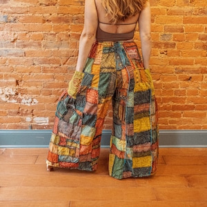 Hippie Boho Patchwork Wide-Leg Pants, Flare Trousers, Grunge Hippie Aesthetic, plus size hippie pants, patchwork bell bottom pants, hippie