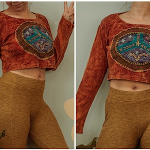 Peace Style Hippie Bohemian Patchwork Long Sleeve Crop Top, Patch Earthy Top