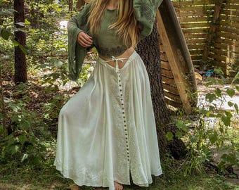 Hippie Boho Button Down Embroidered Skirt, Cottage Core Style Skirt, Flowy Maxi Skirt
