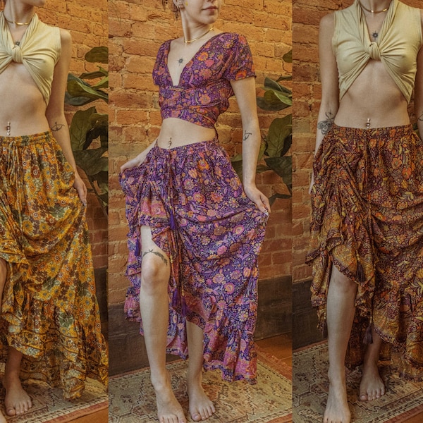 Bohemian Goddess Maxi Ruffle Cinch Skirt, Floral Gypsy Style Adjustable Slit Flowy Hippie Skirt, Boho Style Wedding XS-4X Plus size hippie