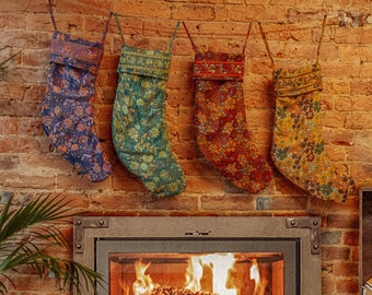 Handmade Bohemian Silk Christmas Stockings, Fireplace Mantel Decor, Hippie Christmas Decorations, Floral Stocking Christmas Gift Idea