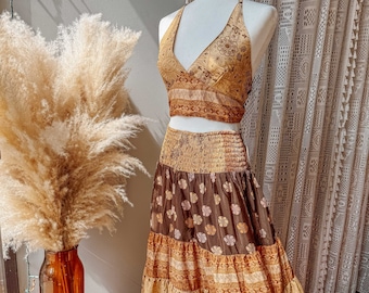 2 Piece SET Hippie Bohemian Earthy Desert Solstice© Bralette, Soft Brown Sun Moon Bra Top and Skirt, XS-2/3X halter top, summer festival top