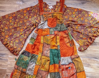 2-delige hippie Boho-set, patchwork overall + zijden klokmouwen wrap tie top, herfstoutfit, aardse boho-stijl, XS - PLUS SIZE