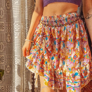 Hippie Bohemian Goddess Style Mini Cinch Skirt, Festival Skirt w adjustable slit, Mini Floral Ruffle Skirt, Boho Style Skirt XS-3X 8 colors