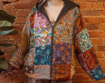 Hippie Boho Silk Patchwork Fleece Lined Jacket, Men's Women's Zip Up Hoodie, Bohemian Goddess Warm Winter Spring Fall Jacket, Boho Coat