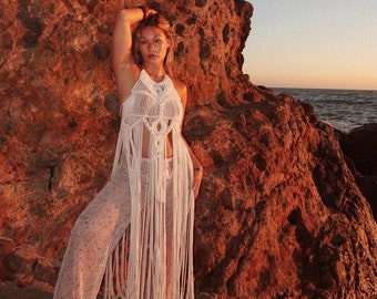 Beachy Goddess Ethereal Macrame Festival Maternity Dress, Bohemian Hippie. Long Cotton Handmade Over Dress Handmade Photoshoot Layering