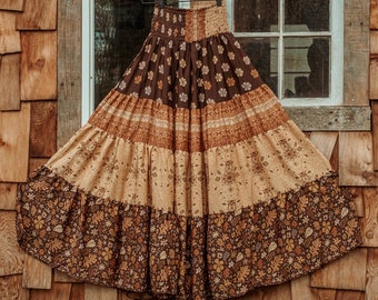 Bohemian Desert Solstice Tiered Silk Maxi Skirt, Hippie Boho Style Sun Moon Skirt, Earthy Neutral Natural Vibe Dress
